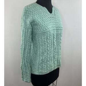 Aran Sweater Market Mint Green Long Sleeve V-Neck Merino Wool Cable Knit Sweater
